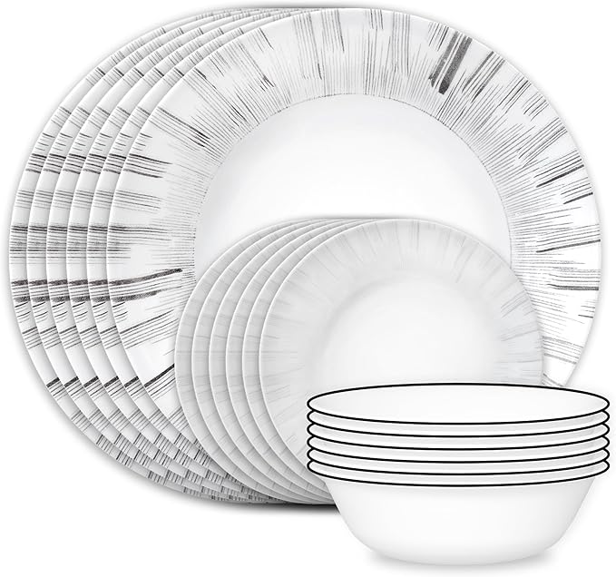 Corelle Vitrelle 18-Piece Service for 6 Dinnerware Set Triple Layer Glass and Chip Resistant Lightweight Round Plates and Bowls Set Arica