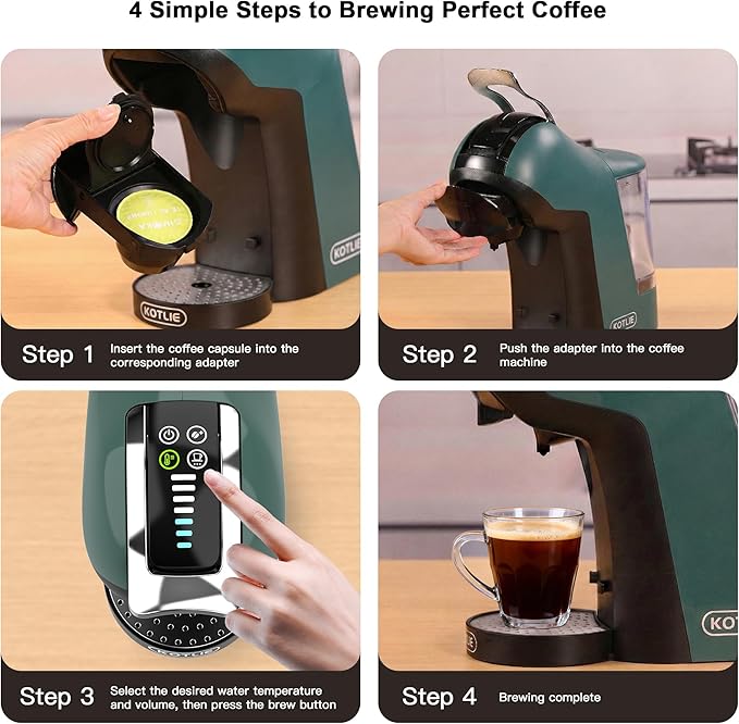 KOTLIE EM-308B Espresso Machine Single Serve Coffee Maker Compatible with Multiple Capsule Types Ground Coffee and ESE Pods 3 Temperatures 7 Water Volume Levels 34 Oz（Green）