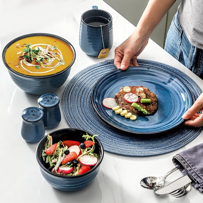 Hasense 14-Piece Dinnerware Set Chip and Scratch Resistant Plates and Bowls Stoneware Round Kitchen Dishes Set Service for 4 Dishwasher Oven Microwave Safe Blue