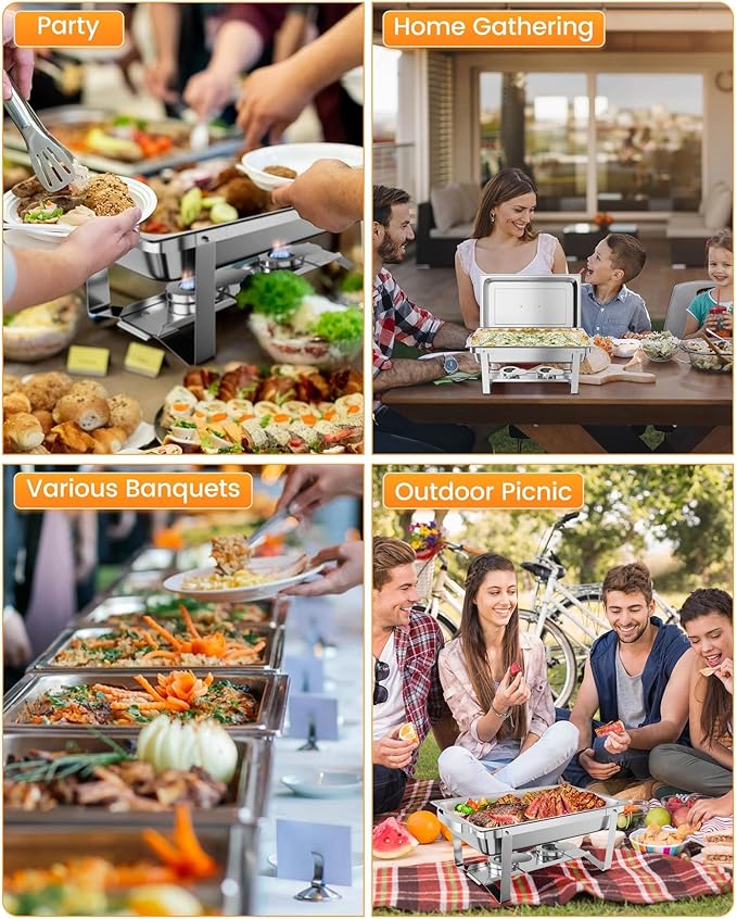 Professional Buffet Food Warmer Set – 8QT Rectangular Stainless Steel Chafing Dishes – Includes Water Pan Lid &amp Fuel Holders – Portable Chafer for Catering Parties Events – 6-Pack