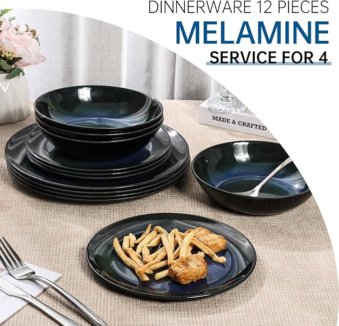Melamine Dinnerware Set 12pcs Plates and Bowls Set Blue Dinner Dishes Set for Indoor and Outdoor BPA-Free Dishwasher Safe