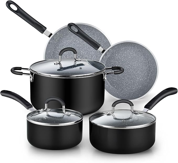 Cook N Home Pots and Pans Nonstick Kitchen Cookware Sets include Saucepan Frying Pan Stockpots 8-Piece Heavy Gauge Stay Cool Handle Marble