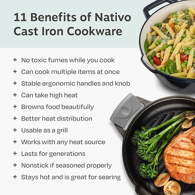 NATIVO 5 pc Stackable Cast Iron Cookware Set Versatile Enamel Dutch Oven Seasoned Grill Pan &amp Enamel Braiser with Precision Pour Spouts Universal Lid Included Spacers/Handle Holders Stormy Gr