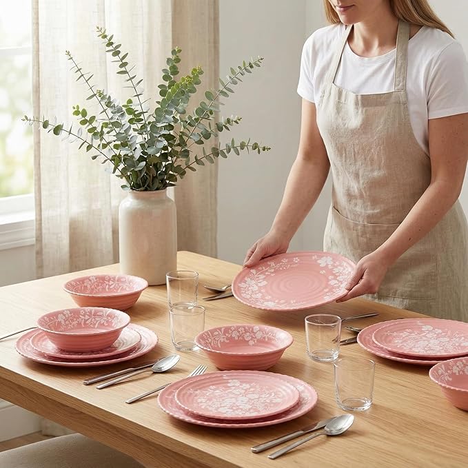 12-Piece Daisy Bamboo Melamine Dinnerware Set Pink Floral Wave-Edge Design Dishwasher Safe Ideal for Brunch Afternoon Tea &amp Cozy Family Dining