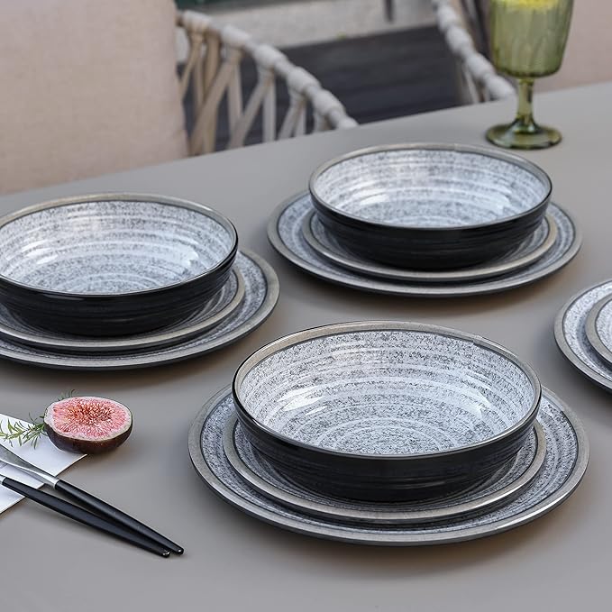 Melamine Dinnerware Sets 12 PCS - Service for 4 Plates &amp Bowls Sets Dishwasher Top-Shelf Safe BPA Free Dinner Dishes Set for Everyday Use-Granite Pattern Black Back
