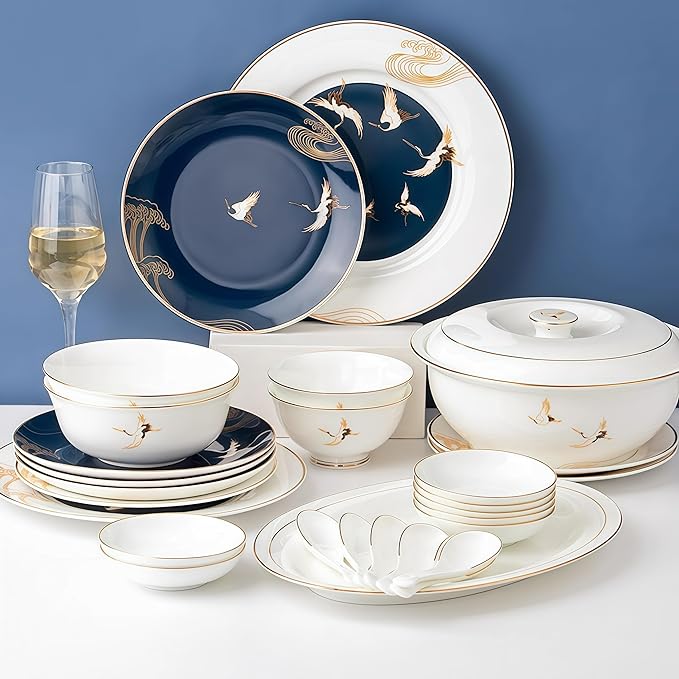 30 Pcs Fine Bone China Dinnerware SetPorcelain&ampCeramic Dinnerware SetsBone Stoneware &amp Ceramic Cookware Tableware Set Includes Dinner Plates|Spoons|Pasta Bowls|Soup Pot|Chopsticks
