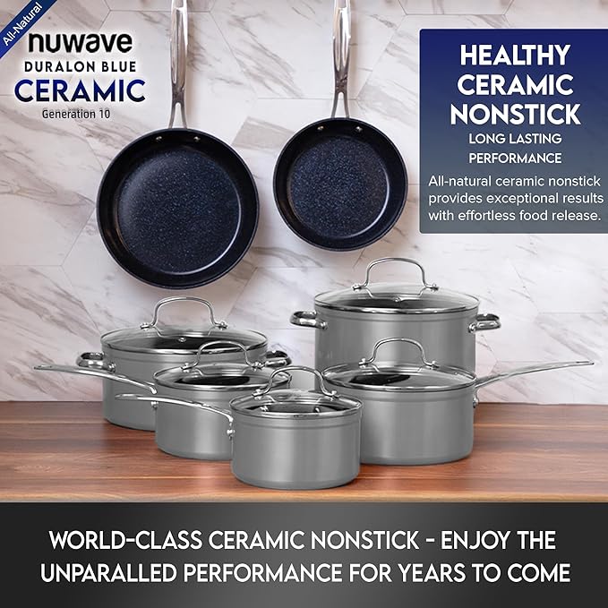 Nuwave Healthy Duralon Blue Ceramic Nonstick Cookware Set Diamond Infused Scratch-Resistant PFAS Free Dishwasher &amp Oven Safe Induction Ready &amp Evenly Heats Tempered Glass Lids &amp Stay-