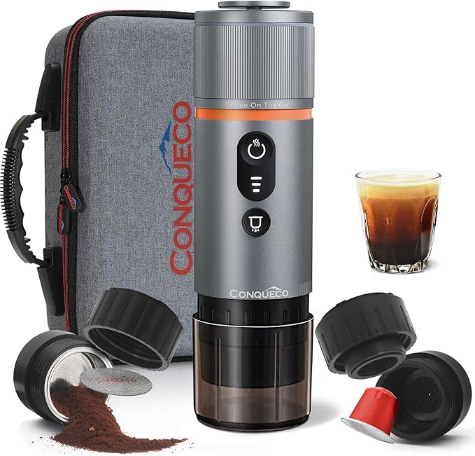 CONQUECO Portable Espresso Machine Travel: 12v Car Coffee Maker with Battery for Camping - Small Electric - 2.5 Mins Heating - Set With Ground Coffee &amp NS Capsule &amp Handbag for RV Hiking Off
