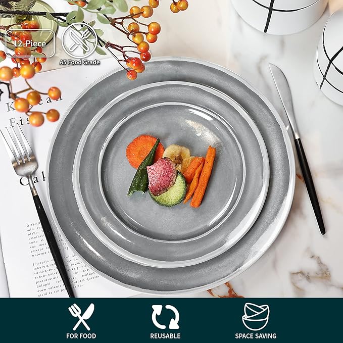 Melamine Dinnerware Set - 12pcs Dishes Dinnerware Set for 4 Indoor and Outdoor use Dishwasher Safe Break-resistant Lightweight Gray