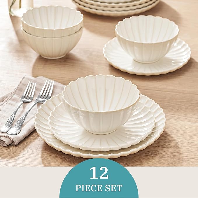 Stoneware Dinnerware Set 12-Piece Wavy Retro Design with Farmhouse Charm Microwave &amp Dishwasher Safe Ideal for Daily Meals &amp Friend Gatherings Includes Dinner &amp Salad Plates Bowls
