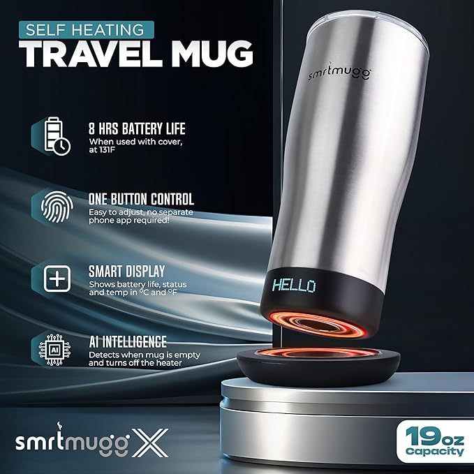 X Heated Coffee Mug 19 oz. 8 Hour Battery Life Self-Heating Adjustable Temp Controlled LCD Screen Includes Cover with Magnetic Slider (Black) (Stainless Steel)