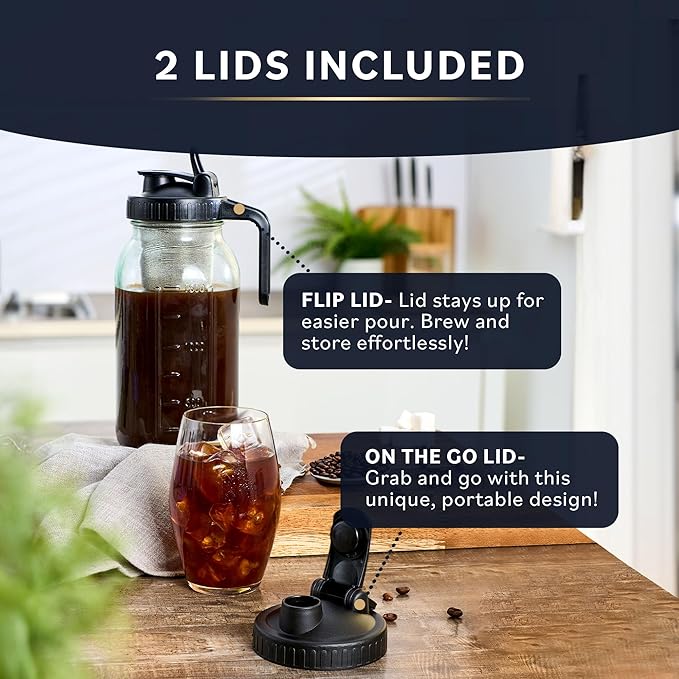 Home Hero Cold Brew Coffee Maker Glass Pitcher - Easy Mason-Style Cold Brew Jar - Smooth Iced Coffee Maker Experience - Leakproof Flip Cap &amp On-the-Go Lid for Iced Tea Pitcher - 64 Oz Black