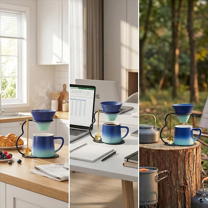 Pour Over Coffee Maker setCeramic Coffee Maker With V60 40 pcs Paper FilterMetal Stand 9oz 270ml mug Pour Over Coffee Dripper blue