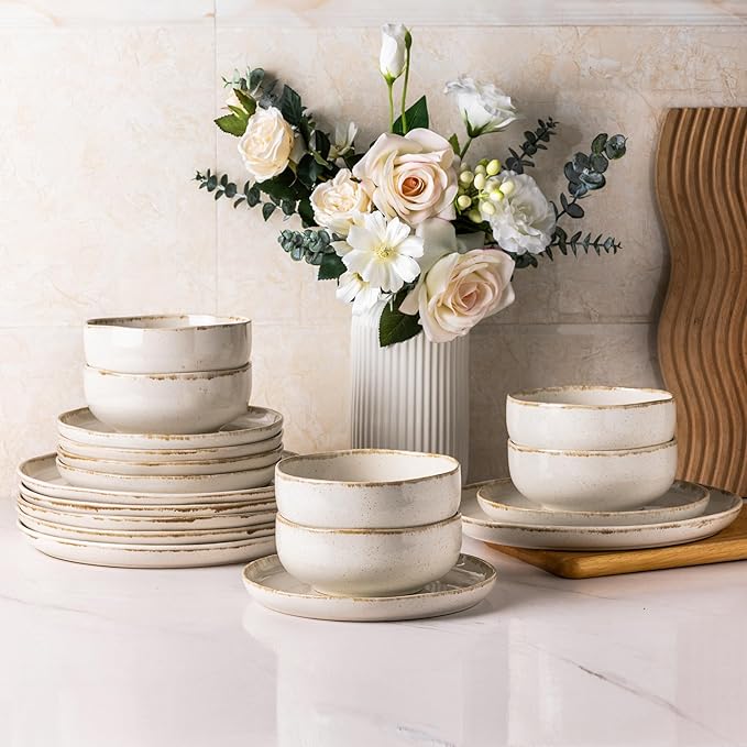 AmorArc Ceramic Dinnerware Sets Wavy Rim Stoneware Plates and Bowls Sets Highly Scratch Resistant | Dishwasher &amp Microwave Dishes set Service for 4 (12pc)-Speckled Cappuccino)