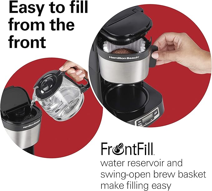 Hamilton Beach 5 Cup Drip Coffee Maker with Easy FrontFill Basket Compact Design Programmable Clock Glass Carafe Auto Pause and Pour Black &amp Stainless Steel (46111)