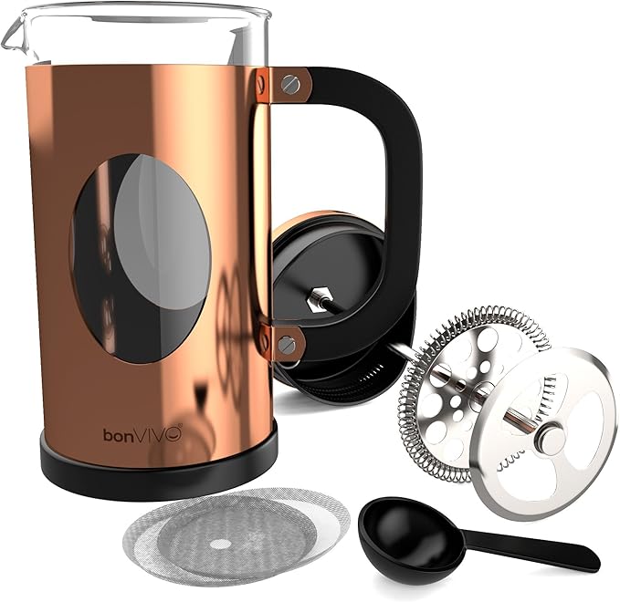 bonVIVO Large French Press Coffee Maker 34 oz – Glass Stainless Steel Coffee Press with Borosilicate Heat Resistant Carafe Reusable Filter Copper Finish Cafetiere for Gourmet Coffee Tea Lovers