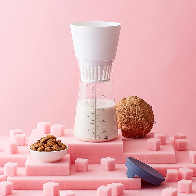 Chef’n Nut Milk Maker with Glass Carafe – Make Homemade Almond Oat Hazelnut Soy Coconut Milk – Includes Mesh Filter Spill-Proof Lid Recipe Book – Easy to Use Dishwasher Friendly