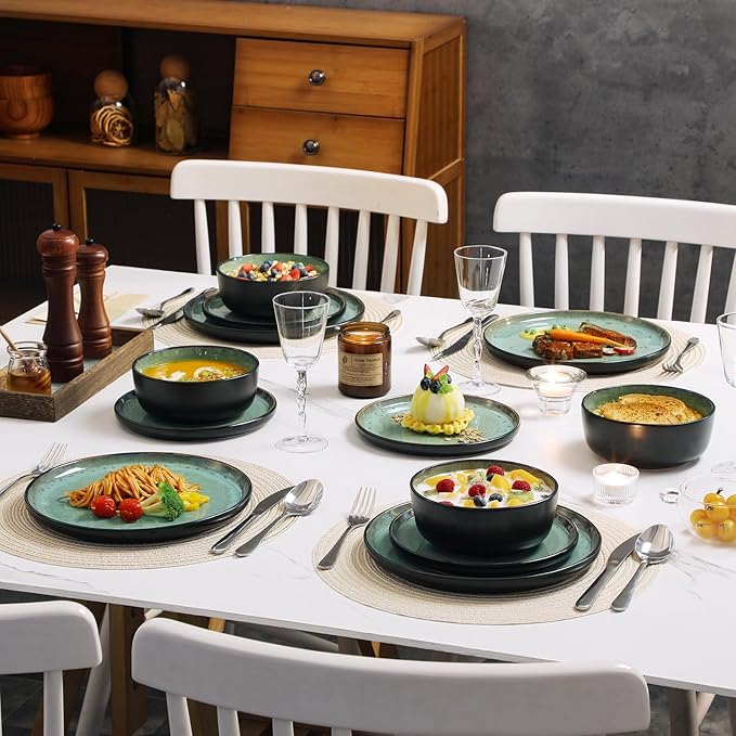 vancasso Plates and Bowls Sets 24 Pieces Stoneware Dinnerware Sets for 8 Kitchen Dish Set Mircowave and Dishwasher Safe Ceramic Dishware Turf Green Series AMBER