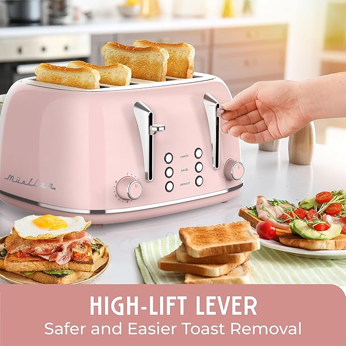 Mueller Retro Toaster 4 Slice with Extra Wide Slots Bagel Defrost and Cancel Function 6 Browning Levels Dual Independent Controls Removable Crumb Tray and High Lift Levers Pink