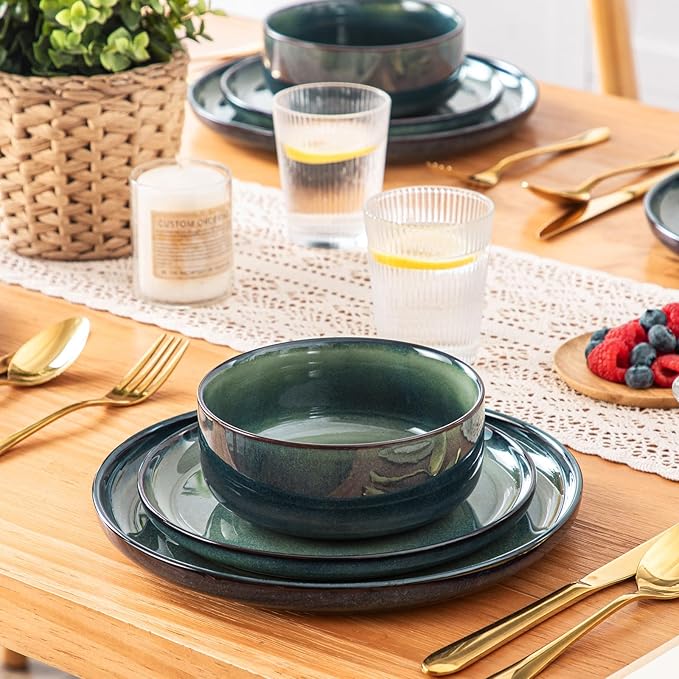 vancasso Starry 12 Pieces Dinnerware Sets for 4 Green Reactive Glaze Dishes Sets Ceramic Plates and Bowls Set Dinner Salad Dessert Plates and Cereal Bowls Set Dishwasher and Microwave Safe