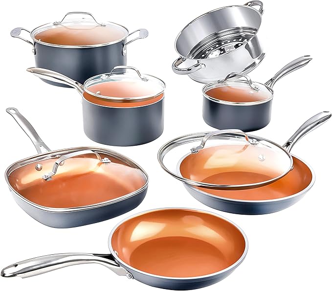 Gotham Steel Pots and Pans Set 12 Piece Cookware Set &amp Dishwasher Safe - 2023 Edition &amp 5 Quart Stock Multipurpose Pasta Pot with Strainer Lid &amp Twist and Lock Handles Graphite