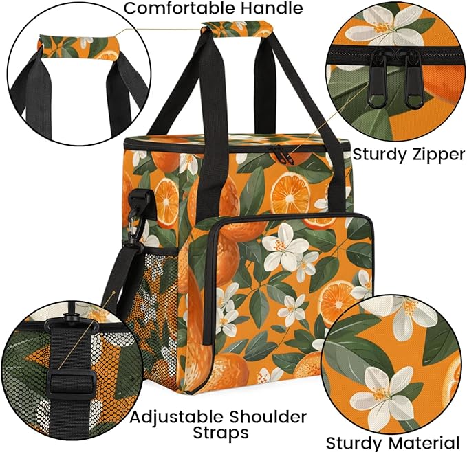 Flower Orange Print Coffee Maker Travel Bag for Keurig K-Mini/K-Mini Plus Insulated Waterproof Tote with Pockets for K-Cup Portable Single-Serve Brewer Case