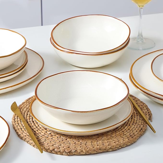 Bestone 12 Pieces Round Kitchen Dinnerware SetsPlates and Bowls SetsDishes Plates Bowls Dish Set Chip Resistant Ceramic Dinnerware Set Dishwasher/Microwave SafeService for 4Pearl White