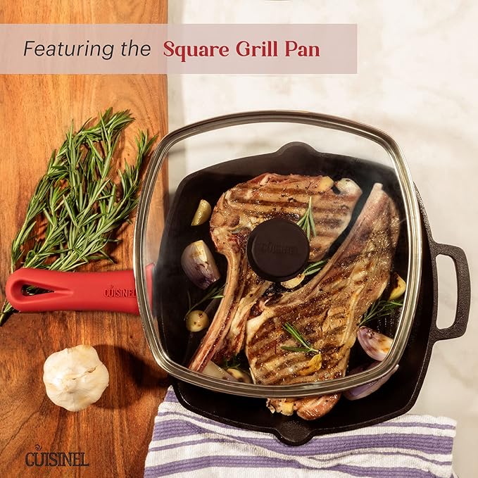 Cuisinel Cast Iron Cookware 18-Piece Set - Pre-Seasoned 6 + 8 + 10 + 12 Skillet + Grill Pan+Lid + Griddle + Pizza Pan + Dutch Oven+Pan Cover + Panrack + Silicone Handle Grips + Pan Scraper/Cleaner
