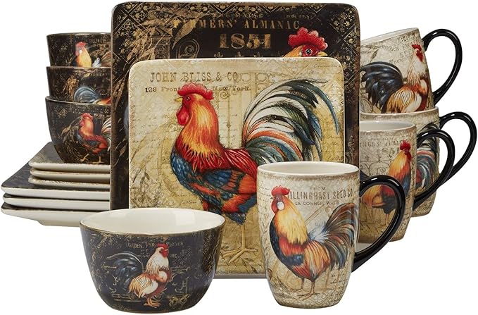 Misc Gilded Rooster 16-Piece Dinnerware Set Black Blue Red Ceramic 16 Piece Dishwasher Safe Microwave