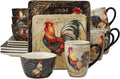 Misc Gilded Rooster 16-Piece Dinnerware Set Black Blue Red Ceramic 16 Piece Dishwasher Safe Microwave