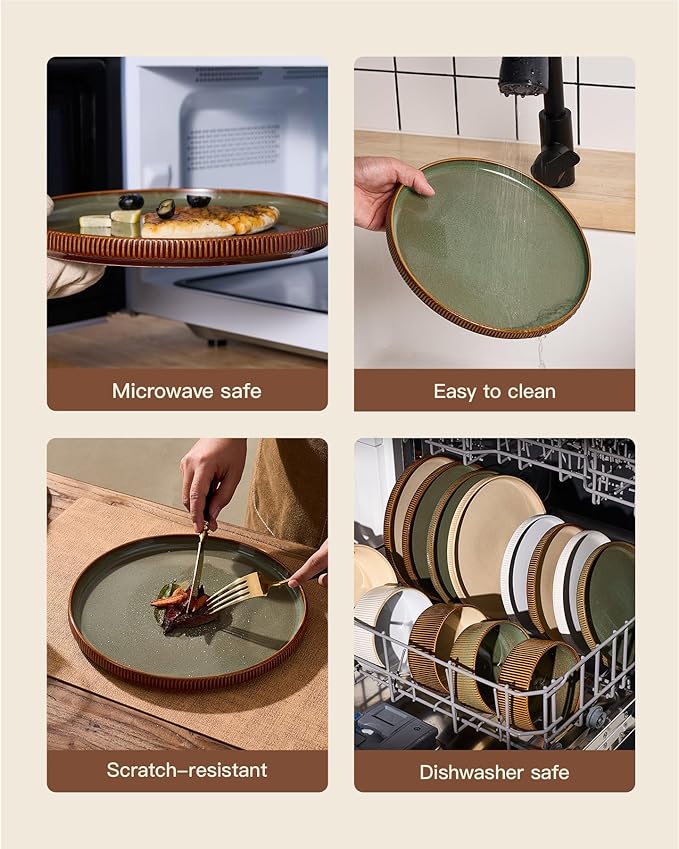 Stoneware Plates and Bowls Dishes Sets Service for 6 (18-Piece) Famiware Premium Handcrafted Reactive Glaze Dinnerware Set with Raised Rim Scratch Resistant Microwave Dishwasher Safe Moss Cocoa