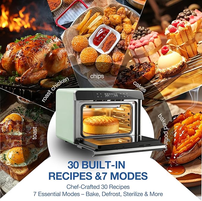 ROBAM Toaster Air Fryer Combi Oven Countertop Steam Oven 20-in-1 with Convection Steam Roast &amp Bake Multi-Stage Cooking Self-Clean 7 Modes 30 Built-In Recipes for Kitchen Pizza Baking (Green