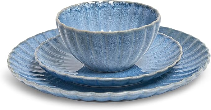 Sango 12 Pieces Stoneware Dinnerware Set Modern Reactive Blue Dishes for 4 Premium Serving Plates and Bowls Sets Chip Resistant Plate Ceramic Dishware Kitchen Dish Set Scallop Dining Ware Frill