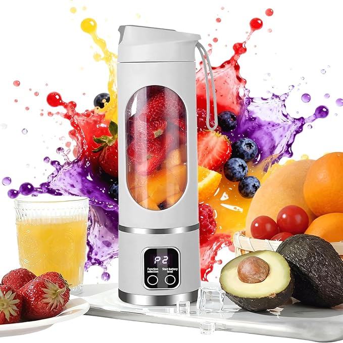 Digital Display Juicer Blender 450ML Portable Electric Personal Blender with Smart LED Screen Multi-Mode Mini Juicer Cup for Shakes Smoothies and Fruit Juicing (White)