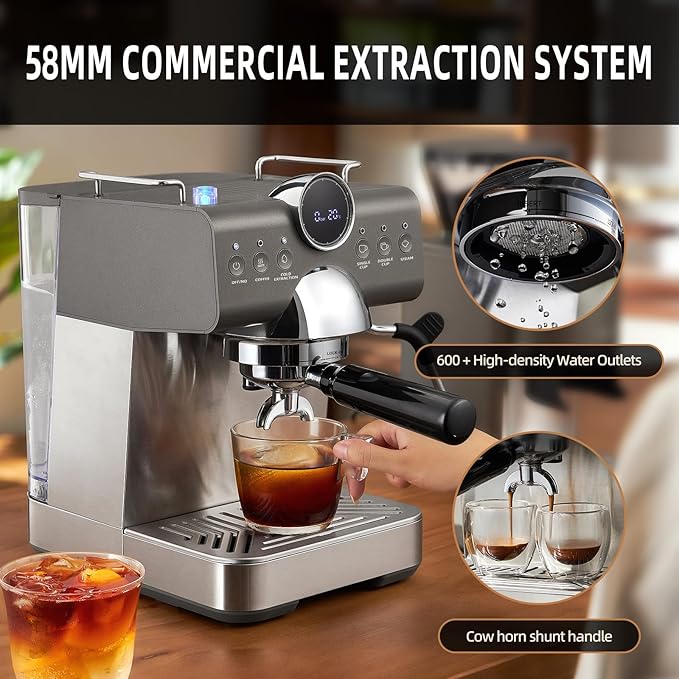 Mcilpoog Espresso Machine 20 BarCompact Coffee Maker with Steam Milk Frother&ampIced CoffeeBarista Cappuccino Latte Machine with LCD DisplayGift for Coffee Lover