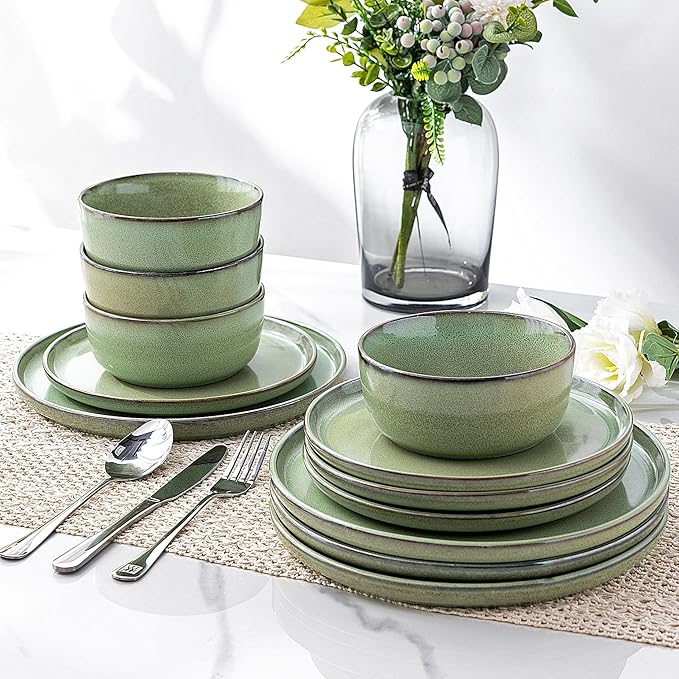GBHOME Ceramic Dinnerware Sets for 6 18 Pieces Stoneware Plates and Bowls Sets Scratch Resistant Dishes Dishwasher &amp Microwave Safe-Pastel Green