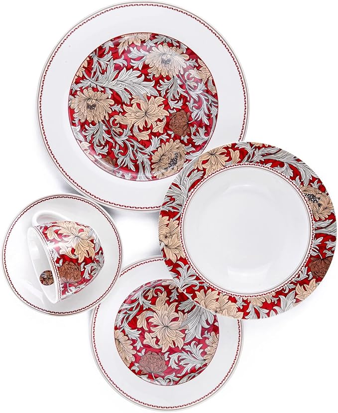 STPGoods 20-Piece Dinnerware Set - Porcelain Plates and Bowls Set with Mugs Dessert Salad Dinner Plates and Bowls Sets William Morris Floral Design Dishes Set - Service for 4