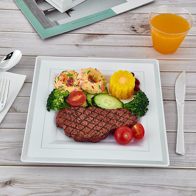 Vplus 90 Piece 9.5 Inch Silver Plastic Plates Disposable Heavy Duty White Elegant Durable Dinner Plastic Party Plates with Silver Rim Perfect for Party Christmas