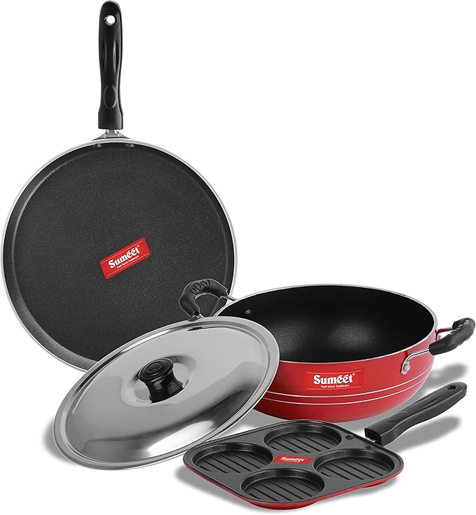 Sumeet 2.6mm Thick Non-Stick Red Blush Combo set (Dosa Tawa – 26.5cm Dia + Multi snack maker – 26.5cm Dia + Kadhai With Lid – 1.5Ltr capacity- 20cm Dia)