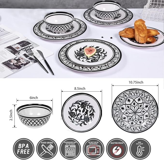 Melamine Dinnerware Sets-12pcs Melamine Plates and Bowls Set Unbreakable Dishwasher Safe Indoor Outdoor Use Ideals for Parties Camping Dish Set Black and White Pattern