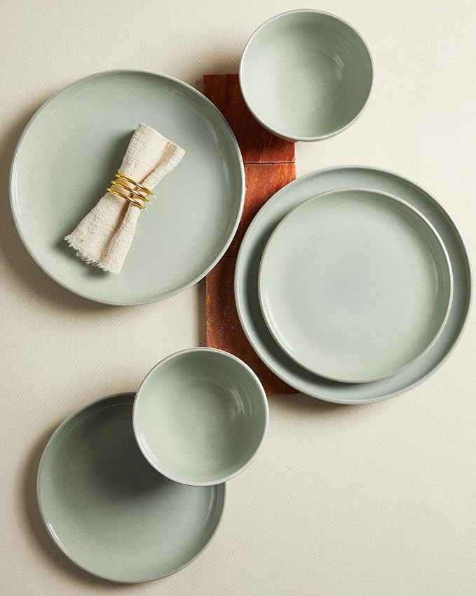 Santorini Mist Terracotta Reactive Glaze Plates and Bowls Sets Stoneware Dinnerware Sets Microwave and Dishwasher Safe Ceramic Dish Set Service for 4 Slate Green
