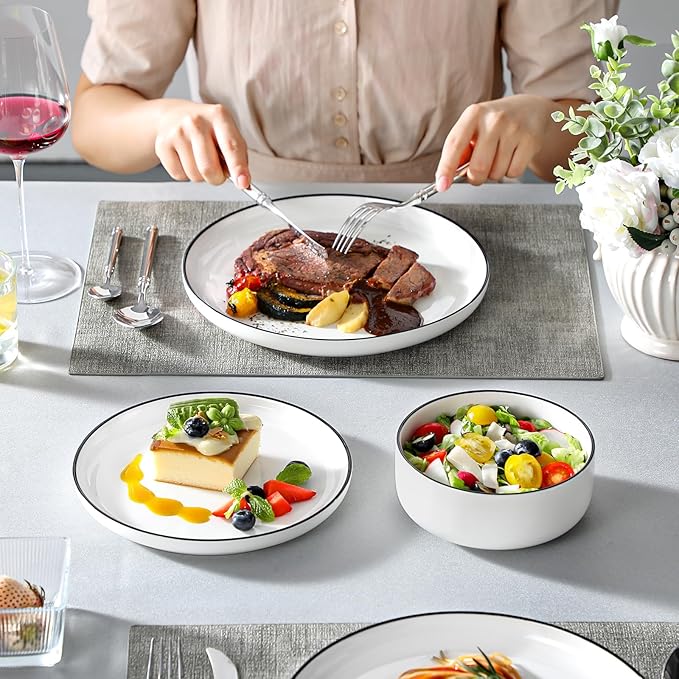 MALACASA Plates and Bowls Sets 18 Pieces Modern Porcelain Dinnerware Set for 6 White Kitchen Dinner Ware Set wtih Black Rim Ceramic Dishware Dishes Microwave and Dishwasher Safe Series LUNA