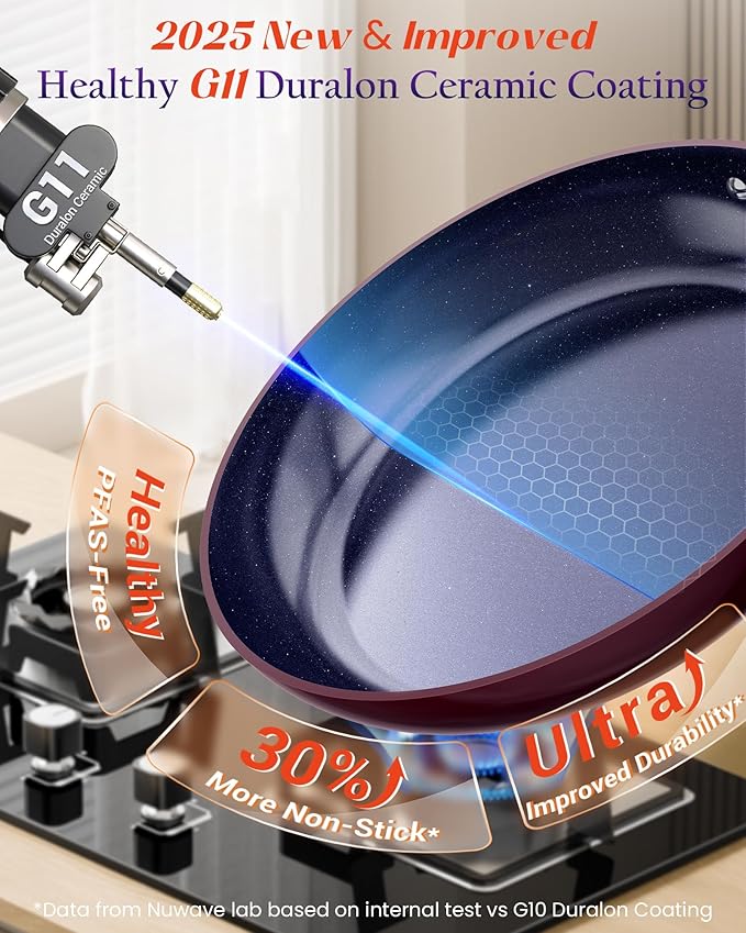 Nuwave Essential Series 5PC Ceramic Cookware Set PFAS-Free G11 Duralon Blue Coating Pots and Pans Set Non Stick Diamond Scratch-ResistantStay-Cool Handle Metal LidInduction ReadyDishwasher Safe