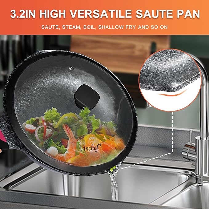 Vinchef New Handle Update 11In/5Qt Aluminum Nonstick Deep Frying Pan with Lid and Heat Indicator Anti Scratch and Anti Stain Deep Saute Pan Induction Compatible