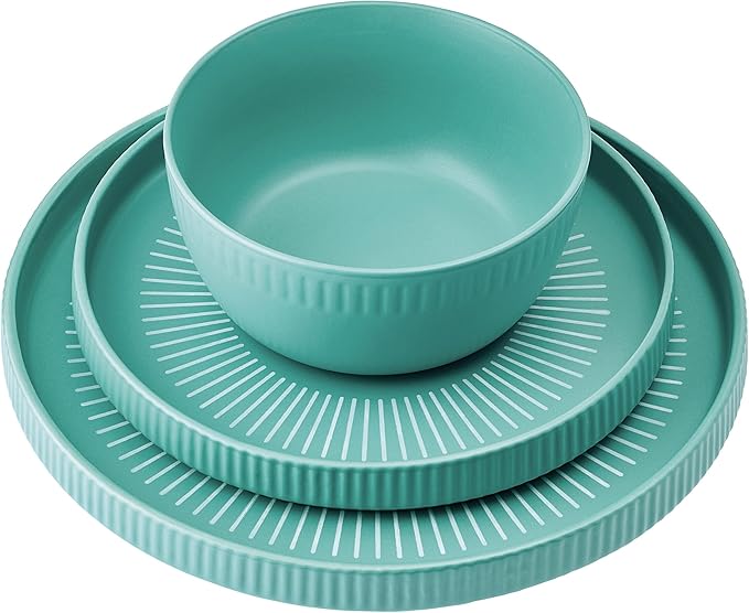Darbie Angell Mod Teal 12 Piece Durable Stoneware Dinnerware Set Service for 4 Plate and Bowl Set with High Rims Modern Tableware
