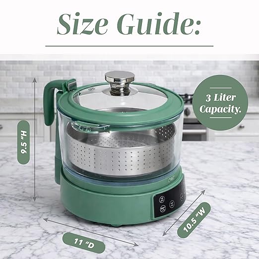 COOK WITH COLOR 3L Glass Mini Low Carb Rice Cooker – Holds 2 Cups Raw/Makes 6 Cups Cooked with Auto Lift Filter Basket Hotpot &amp Steamer for Rice Grains Digital Panel with Keep Warm Dark Sage
