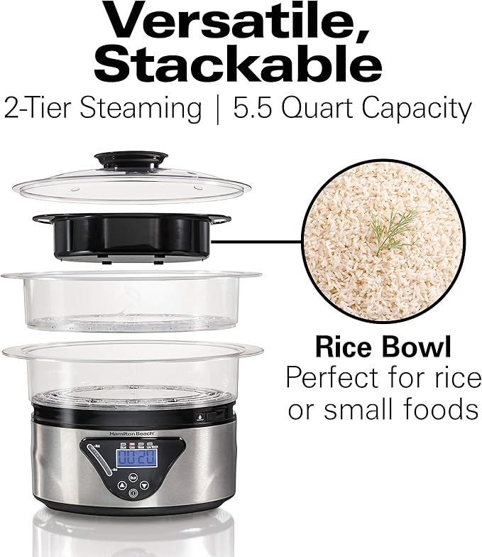 Hamilton Beach Digital Electric Food Steamer &amp Rice Cooker for Quick Healthy Cooking for Vegetables and Seafood &amp Dual Breakfast Sandwich Maker with Timer Silver (25490A)