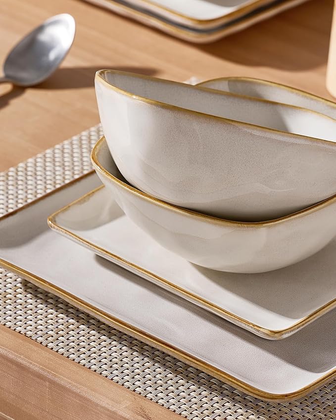 Famiware Dinnerware Sets for 4 Ocean Square 12-Piece Kitchen Plates and Bowls Sets Reactive Glaze Microwave and Dishwasher Safe Scratch Resistant Cappuccino White