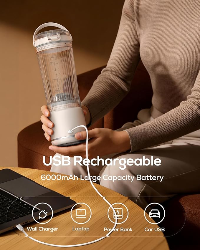Sangcon Personal Portable Blender for Shakes &amp Smoothies 6000mAh Cordless USB-C Rechargeable Blender with 2 Blend Modes Leakproof Travel Lid Dishwasher Safe Ideal for Gym Office Kitchen BPA-F