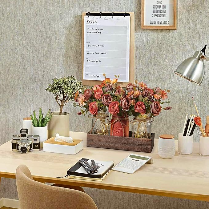3 Pcs Mason Jar Centerpiece Table Decorations for Dining Table Decor Farmhouse Coffee Table Decor with Wood Tray and Led Light Table Centerpieces for Dining room Kitchen Living BathroomOrange